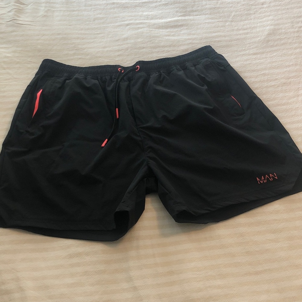 Boohoo Mens Black Athletic Shorts with Coral Accent